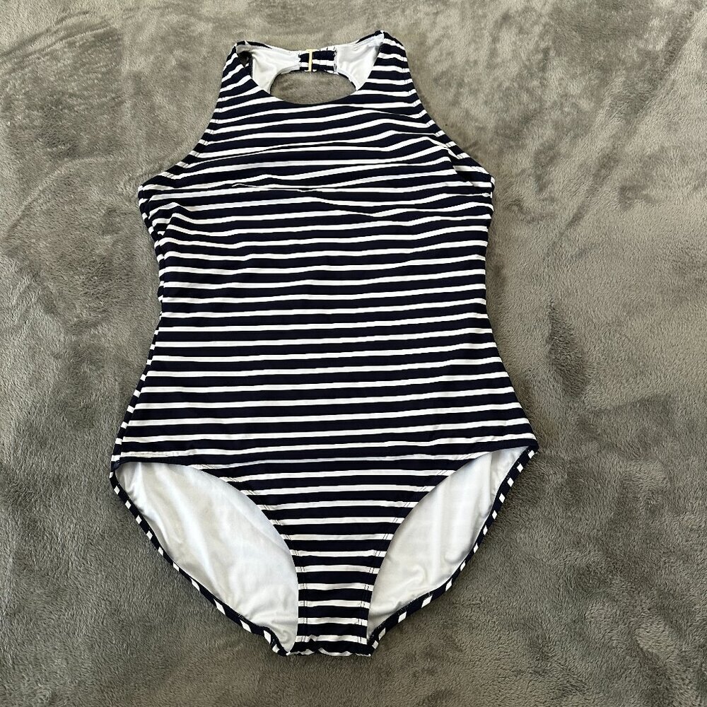 Lands' End One Piece High Neck Modest Swimsuit XXL Navy White Nautical